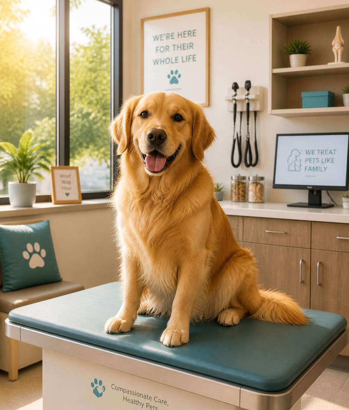 A warm, sunlight-filled modern veterinary exam room with a calm golden retriever